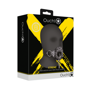 Open Mouth Gag with Plug Stopper - Black - Ouch! by Shots | Toy4Love
